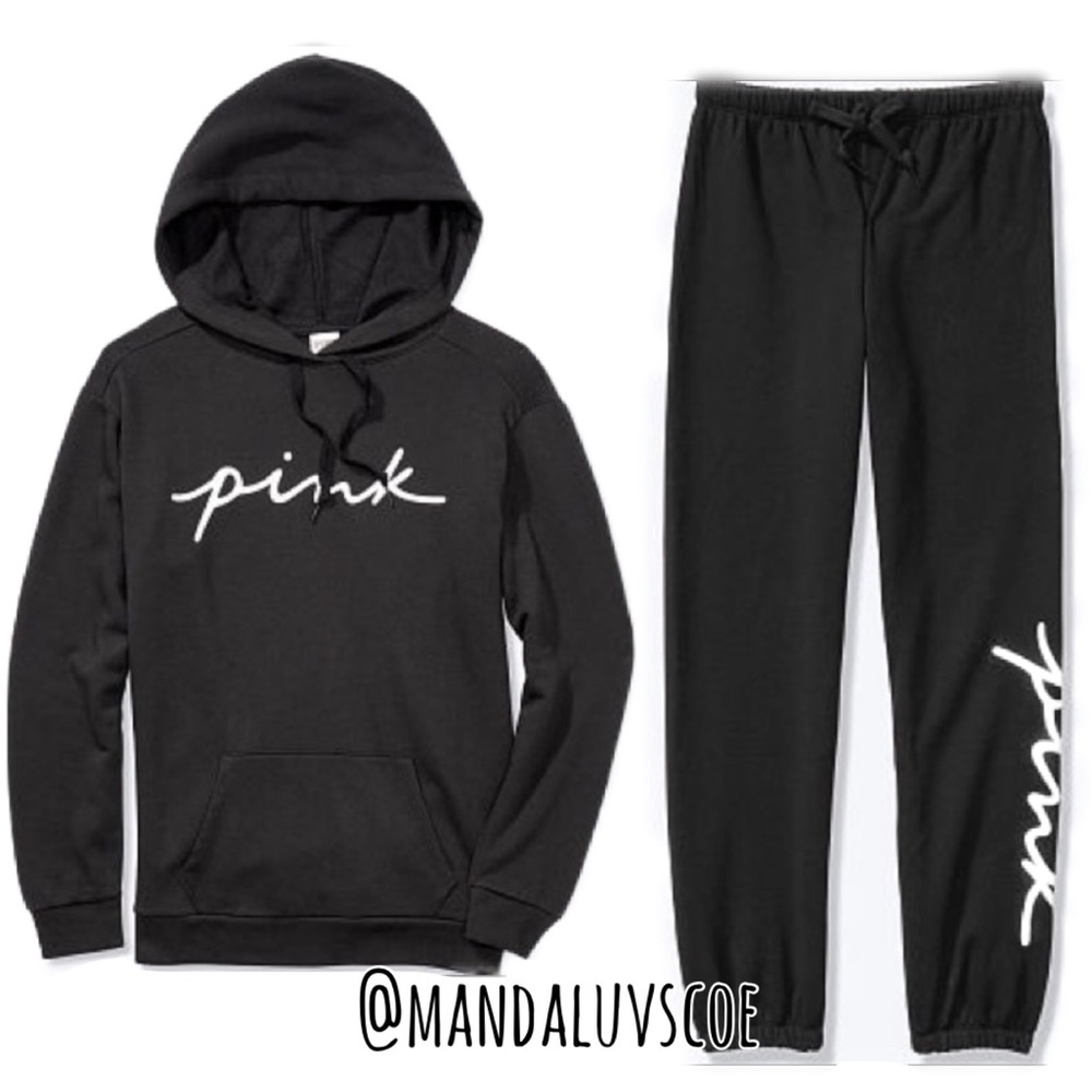 💗VS PINK BLACK &WHITE SCRIPT LOGO PULLOVER HOODIE & PANTS SET